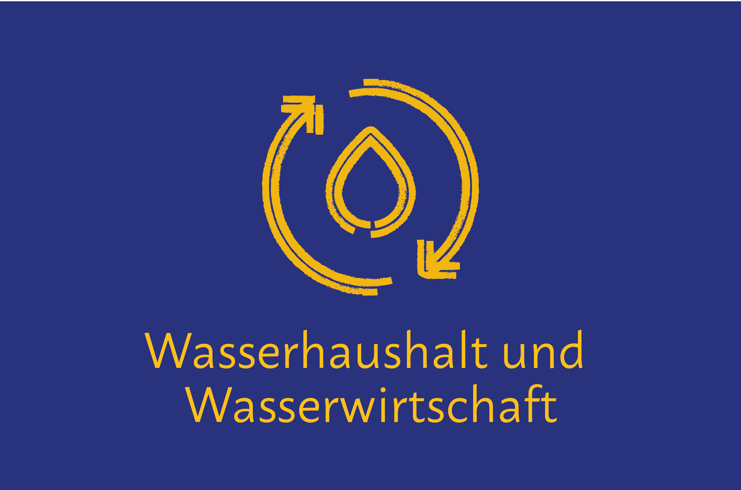 Piktogramm von zwei Pfeilen eingekreister Tropfen. Text im Bild „Wasserhaushalt und Wasserwirtschaft“
